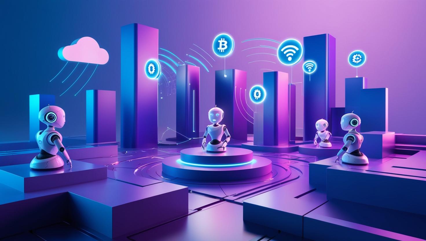 A futuristic city with digital holograms, AI bots, blockchain icons, and interconnected devices, symbolizing advanced web technologies.