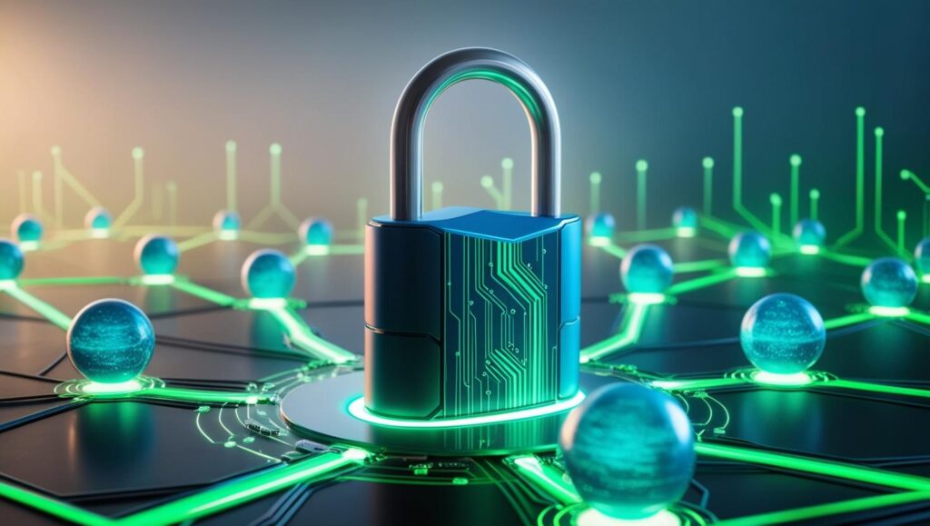 Design a futuristic digital padlock surrounded by blockchain nodes connected by glowing lines. Use blue and green colors to represent security and trust.