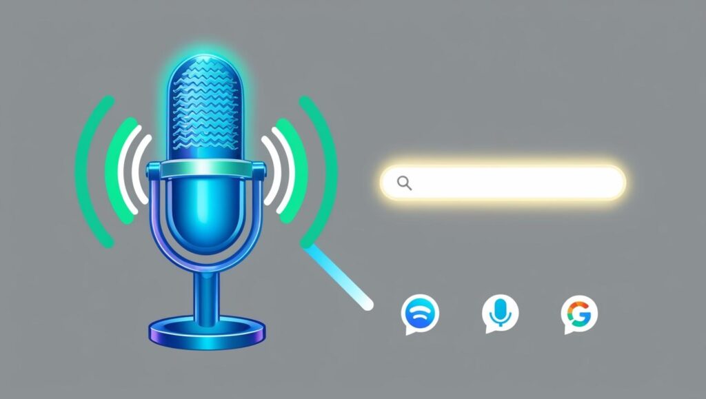 Create an image of a microphone icon with sound waves radiating outward, connected to a search bar. Add voice assistant icons like Alexa or Google Assistant for a futuristic feel."