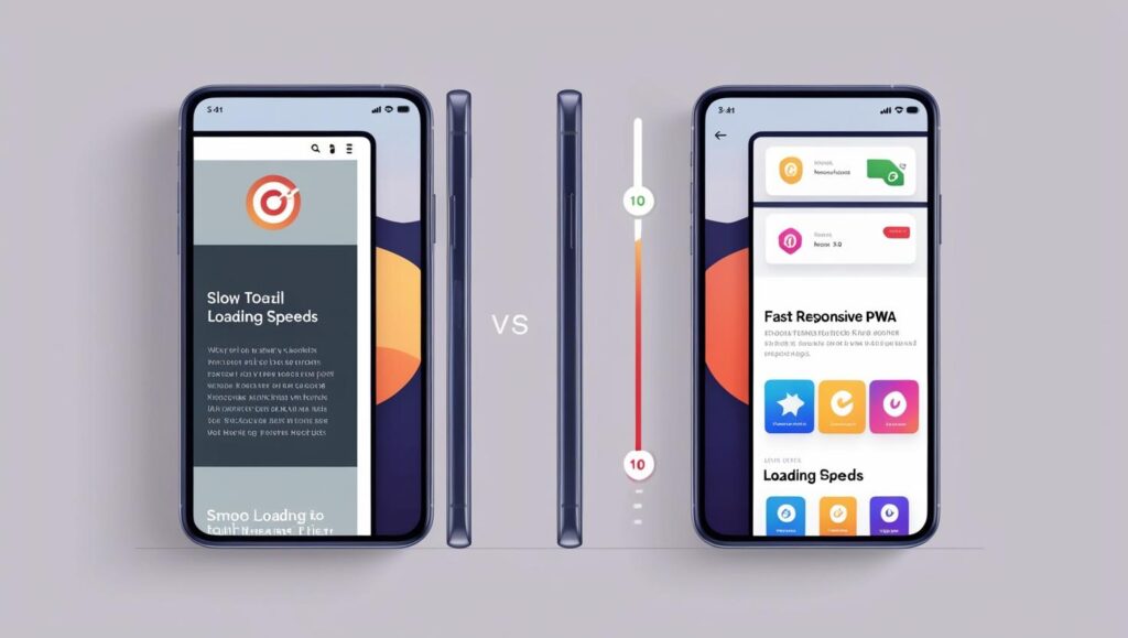 A side-by-side comparison of a traditional website and a PWA on a mobile device, showcasing smooth performance and offline access.