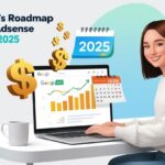"Illustration of a blogger working on a laptop with Google AdSense ads, earnings chart, and dollar signs, representing monetization success in 2025"