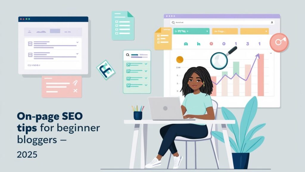 A visual representation of a new blogger learning the fundamentals of on-page SEO with clear cues like keyword usage, headings, meta information, and an SEO checklist, designed to reflect a practical and beginner-friendly blogging setup in 2025. "Beginner blogger working on a blog post with on-page SEO elements like meta tags, keywords, and headings displayed on screen."