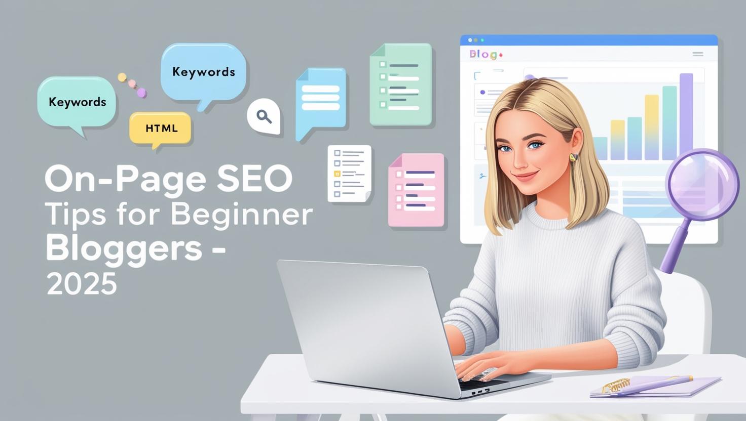 "Beginner blogger optimizing blog post for SEO with visible meta tags, headings, and keywords on screen"