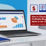 Modern workspace with laptop showing blog analytics, American flag elements, and blogging icons representing profitable niche selection in the USA.