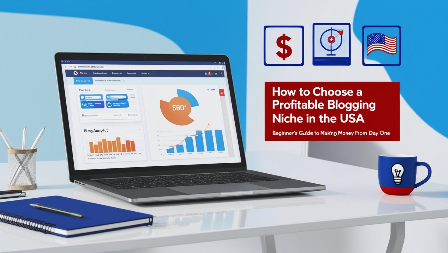 Modern workspace with laptop showing blog analytics, American flag elements, and blogging icons representing profitable niche selection in the USA.