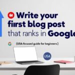 Person writing a blog post on a laptop with USA flag and SEO icons in the background, symbolizing Google blog ranking in the USA.