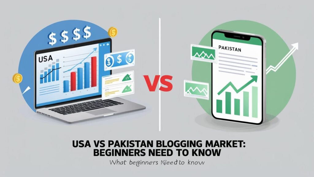 High-quality visual representation of the blogging markets in the USA and Pakistan. Shows key differences in income potential, AdSense approval rates, SEO strategies, blogging niches, and beginner-friendly opportunities. Perfect for aspiring bloggers comparing global markets. Infographic comparing blogging market trends in the USA and Pakistan, including income potential, SEO strategies, and beginner opportunities