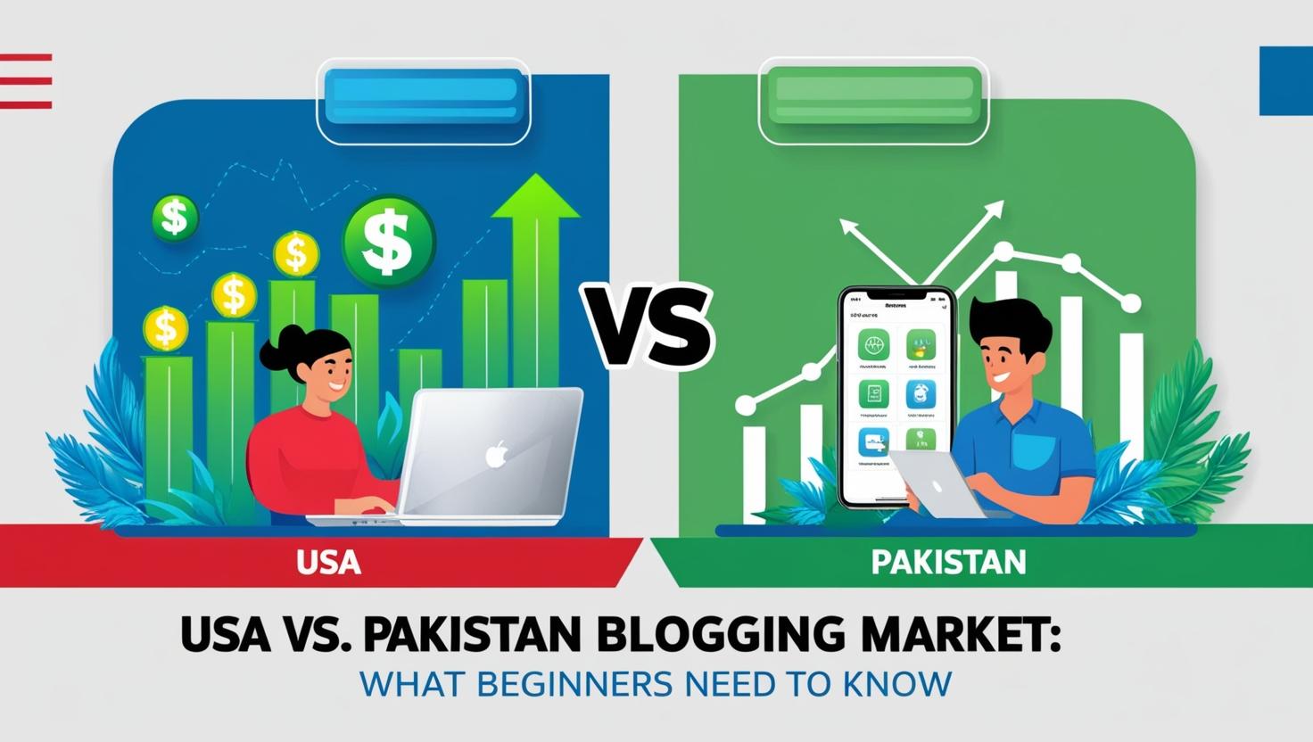Visual comparison of USA and Pakistan blogging markets showing monetization, growth, and audience trends for beginners