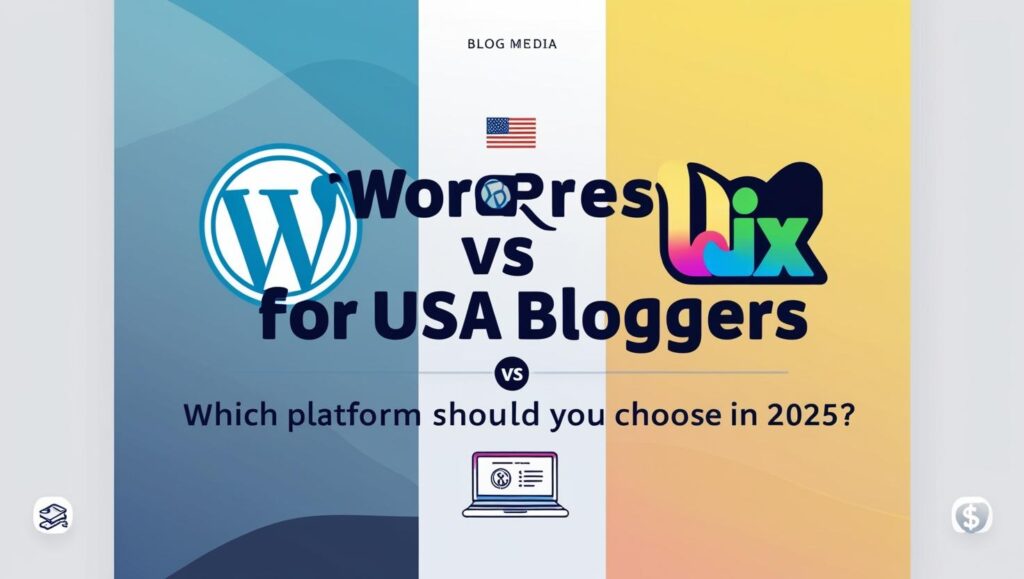 Side-by-side graphic showing Wix and WordPress with icons for blogging, SEO, and monetization, tailored for USA-based bloggers choosing a CMS in 2025. Visual comparison of WordPress and Wix with U.S. flag theme, blog interface icons, and digital tools representing platform features for American bloggers.