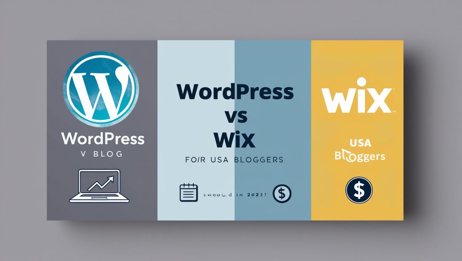 Split image comparing WordPress and Wix platforms with USA blogging elements like laptop, analytics, and dollar icons, targeting U.S. bloggers in 2025.