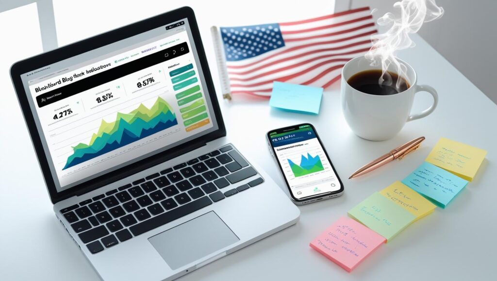 This featured image shows a creative blogging workspace with essential tools like a laptop, smartphone, and coffee—capturing the essence of crafting high-CTR blog titles tailored for the USA market. Ideal for blogs focused on SEO, content strategy, and digital marketing. Modern flat lay of laptop, smartphone, notepad, and coffee cup on a clean desk, symbolizing blog writing and marketing strategy for the USA audience.