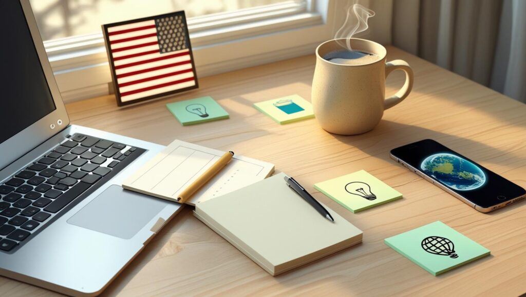 A top-down view of a content creator’s workspace featuring a sleek laptop, an open notebook with handwritten notes, a cup of coffee, and scattered stationery on a wooden desk. A small American flag and warm lighting add a patriotic and inviting tone, representing evergreen blog ideas that consistently attract and engage audiences across the United States. Modern blogger’s desk with laptop, coffee, notebook, and soft USA-themed decor symbolizing evergreen blog content ideas in the United States.