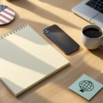 Flat-lay image of a content creator’s workspace with a laptop, notebook, coffee, and USA-themed decor representing evergreen blog ideas in America.