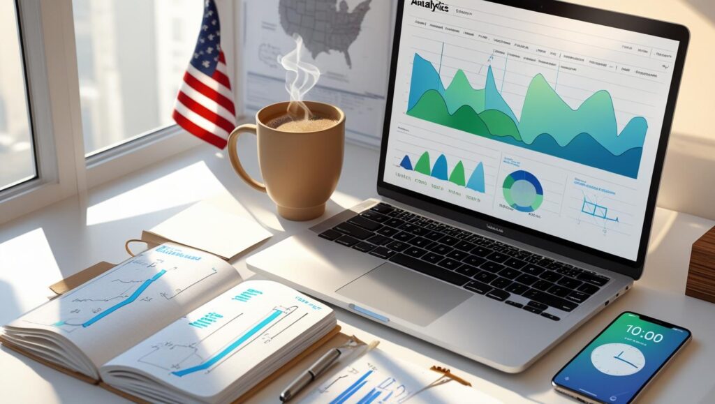 A clean, modern workspace featuring a laptop, coffee mug, clock displaying 10:00 AM, and content strategy materials. The scene visually represents the optimal time to publish blog posts for maximizing USA traffic, aligning with reader behavior and peak engagement windows.