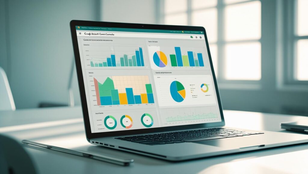 A visually appealing workspace featuring a laptop showcasing Google Search Console's performance and indexing tools. The setting highlights the importance of using data analytics to refine content strategies, improve search rankings, and scale blog visibility. Google Search Console in Action: Boosting Blog Performance
Laptop displaying Google Search Console analytics with graphs and metrics on a bright, minimal desk setup.