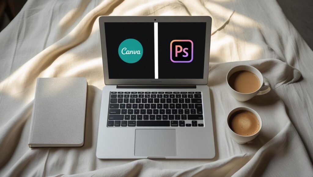 "Comparison of Canva and Photoshop design interfaces for American bloggers in 2025 showing side-by-side laptop screens with different graphic editing tools"

