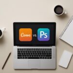 *"Side-by-side comparison of Canva and Photoshop interfaces on laptops, showing design tools for bloggers in 2025."*