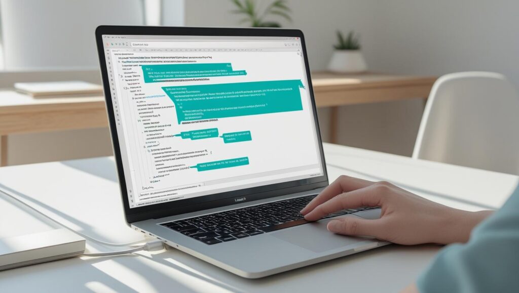 Blogger inserting structured FAQ schema markup into HTML code editor.     Visualizing FAQ Schema Integration in Blog Code