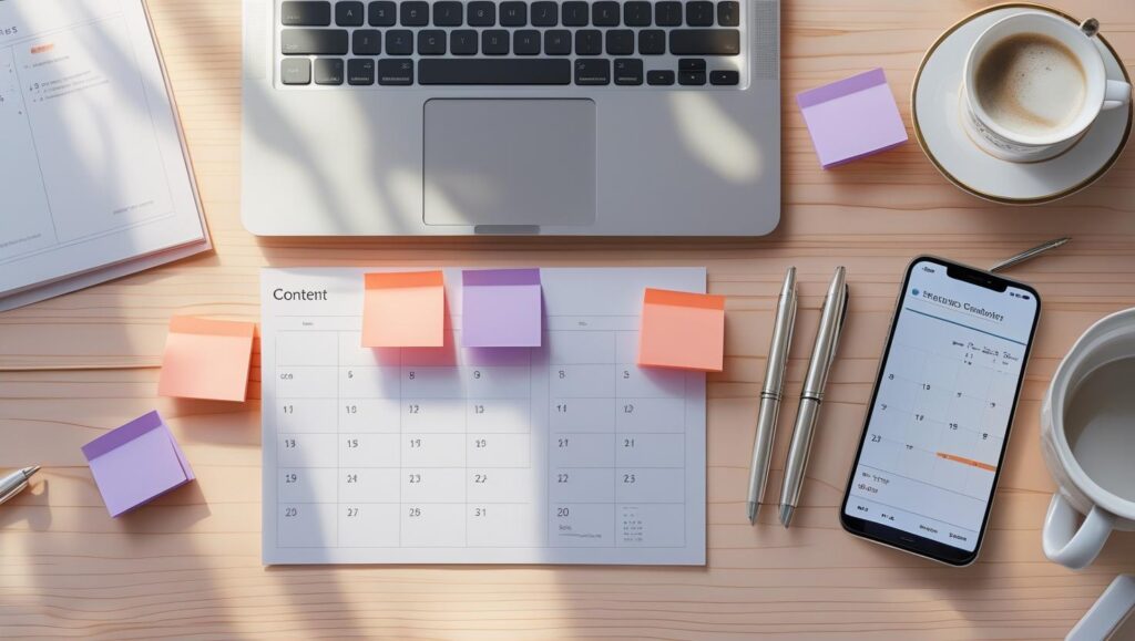 An organized content calendar template displaying columns for publish date, platform, content format, topic, keywords, and status. Ideal for bloggers, marketers, and content creators to plan monthly content and improve workflow efficiency. Content calendar template for monthly planning with sections for date, platform, content type, topic, and status