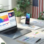 Creative workspace with laptop, smartphone, content planning notes, and USA flag background – viral content creation setup for the American market in 2025.