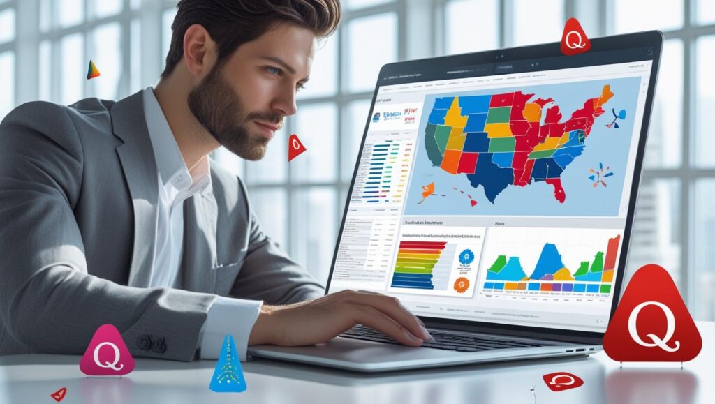 A focused digital marketer exploring Quora on a laptop, with visual elements like charts, blog symbols, and a U.S. map in the background—illustrating how to generate targeted traffic to blogs using Quora marketing strategies. Marketer using Quora to increase blog traffic from the U.S.