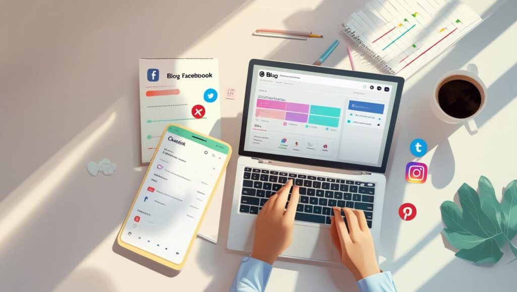 A flat-lay image of a blogger’s workspace showing a laptop with a blog editor open, a checklist notepad with colorful checkmarks, and icons representing major social media platforms (Facebook, Twitter/X, Instagram, LinkedIn, Pinterest). A smartphone displays engagement analytics while a coffee cup adds a touch of casual productivity. This visual conveys the theme of organized, multi-platform blog promotion. Digital workspace with blog editor, social media icons, checklist notepad, and smartphone showing analytics — representing blog post promotion on social media.