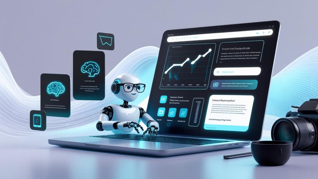 This image illustrates a modern, AI-driven blogging setup popular among creators in the USA in 2025. Featuring virtual assistants, automated writing tools, and smart design platforms, it symbolizes how American bloggers leverage artificial intelligence for higher productivity, better SEO, and faster content publishing. Ideal for tech, blogging, and digital marketing topics. Futuristic blogging workspace with AI assistant, digital tools, and content creation elements used by USA bloggers in 2025.