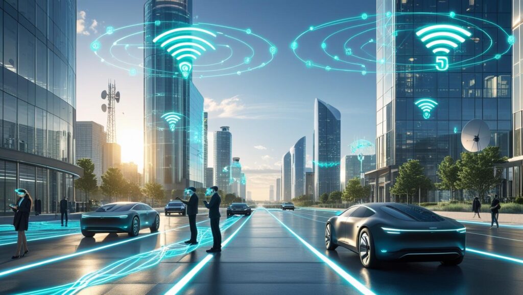 Futuristic smart home with IoT devices connected via ultra-fast Wi-Fi 7