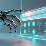 Robotic hand interacting with futuristic SEO interface and data visuals.