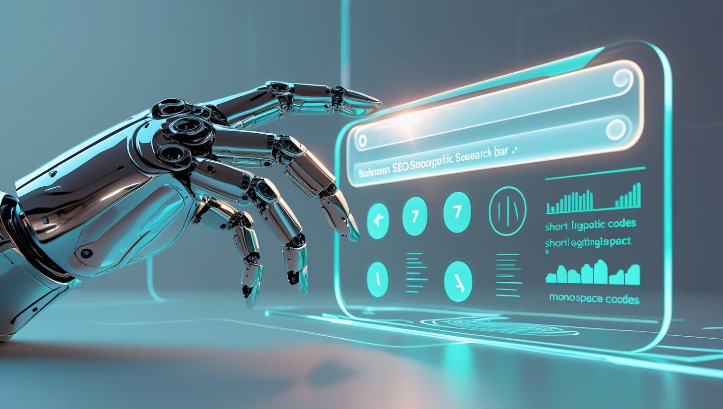 Robotic hand interacting with futuristic SEO interface and data visuals.