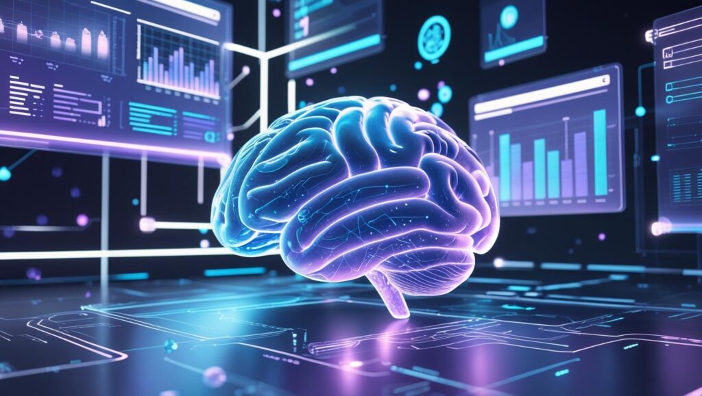 Futuristic AI brain analyzing SEO data and digital search interface in a neon tech style.

