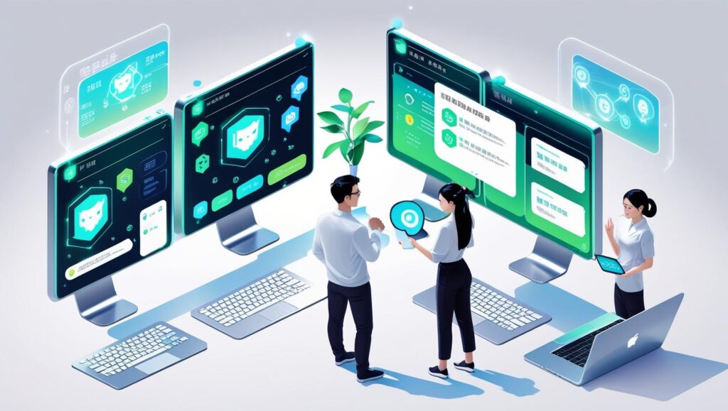 Futuristic web agency office with AI tools and ChatGPT plugin dashboard on screens, showing automation and collaboration.

