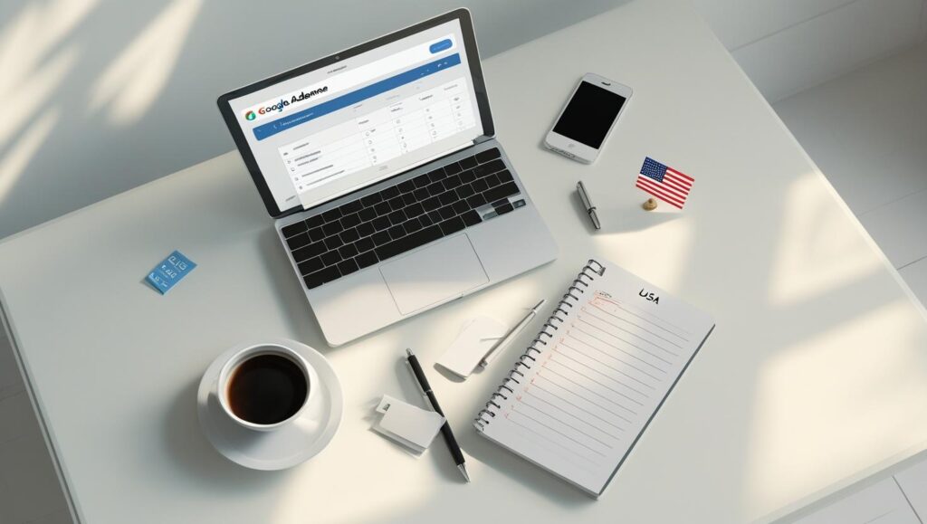 Organized blogger workspace with laptop, checklist, coffee cup, and USA elements symbolizing Google AdSense application readiness.


