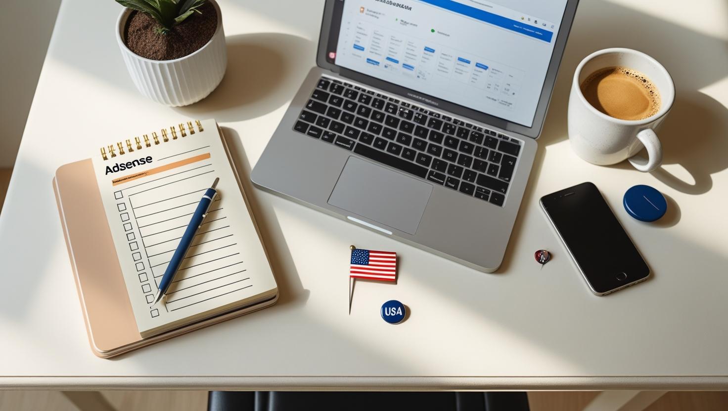 Top view of a clean blogging workspace with laptop, checklist notepad, coffee, and USA-themed details representing Google AdSense approval preparation.