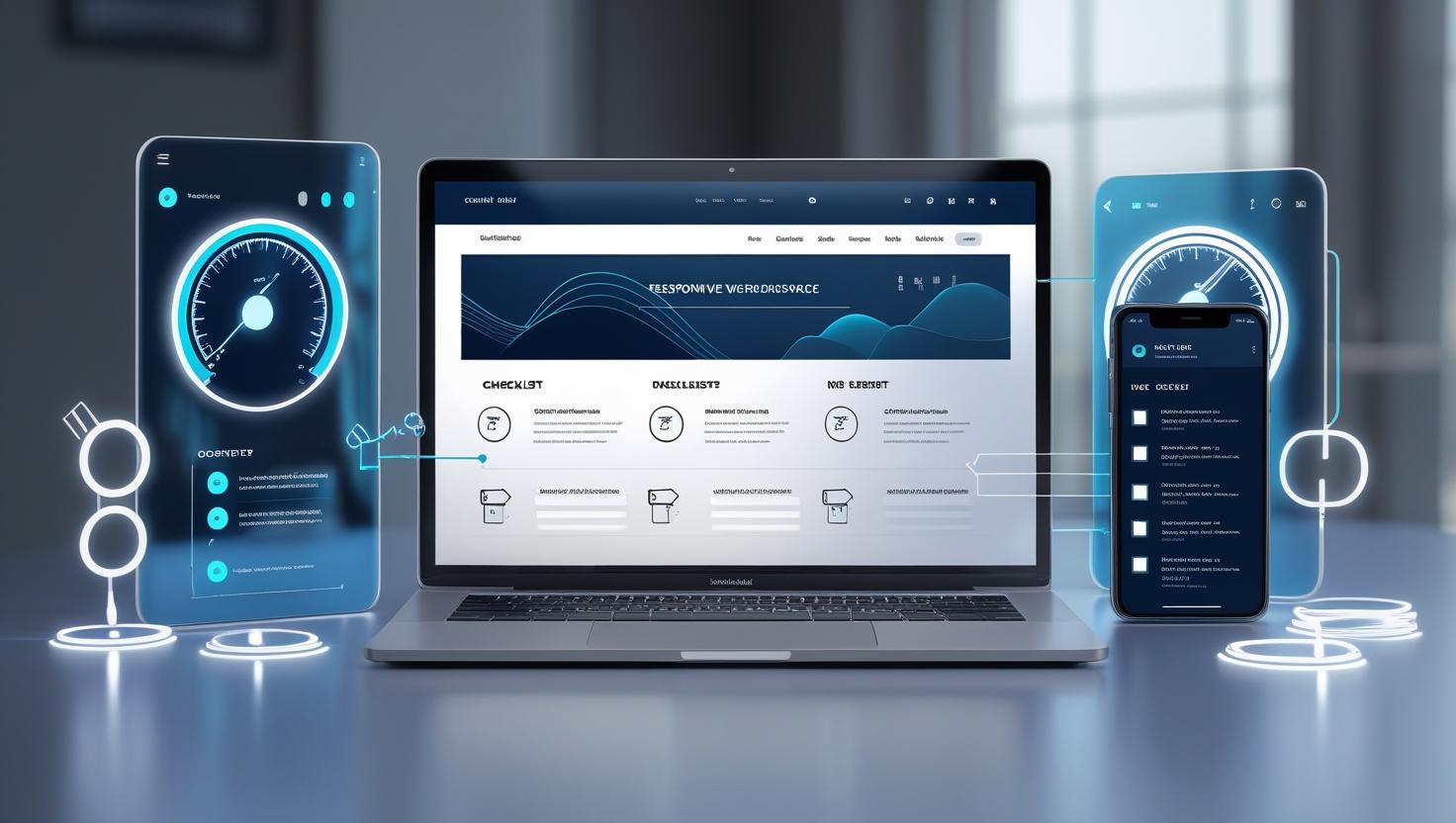 Laptop and smartphone displaying a responsive website layout with floating UX icons, performance meters, and speed optimization visuals. A visual representation of speed, user experience, and design working together to create a Google-friendly website in 2025.
