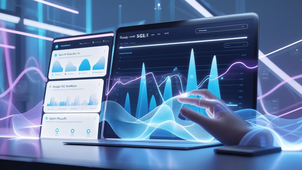 Modern workspace with AI dashboard, SEO tools, and Google SGE interface showing futuristic website optimization.

