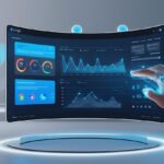 Futuristic website dashboard with AI-powered search analytics and Google SGE interface in a modern workspace.
