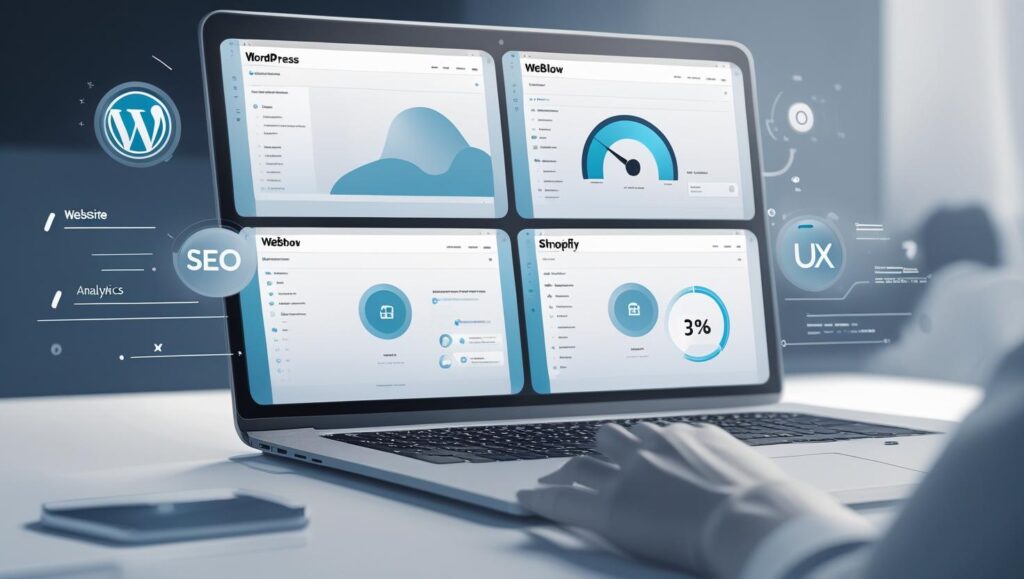 Modern comparison of WordPress, Webflow, Wix, and Shopify interfaces showing CMS features like SEO, speed, and design tools in 2025

2025 CMS Showdown: WordPress vs Webflow, Wix & Shopify

