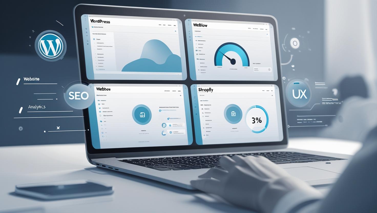 Comparison of WordPress, Webflow, Wix, and Shopify CMS dashboards in a modern digital workspace with icons for SEO, speed, and user experience