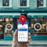 Local business storefront with Google Maps pin, smartphone showing a Google Business Profile, and icons for reviews, SEO, and mobile optimization