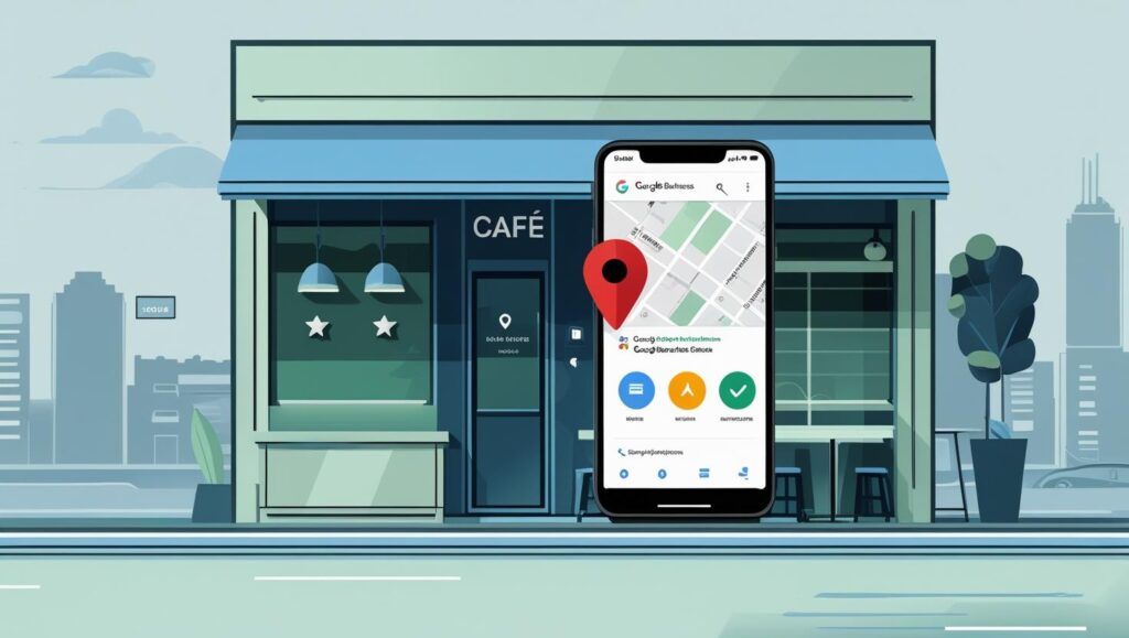 This image illustrates a local US business optimizing its online presence in 2025. It features a shop front with a floating Google Maps pin, a smartphone displaying a Google Business Profile, and supporting icons representing reviews, mobile performance, and SEO strategy. The design conveys how small businesses can improve local search visibility without relying on backlinks.

