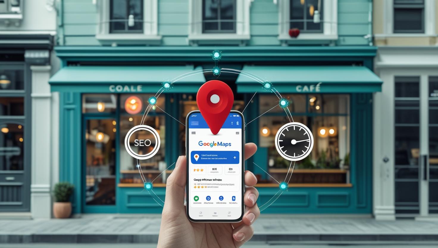 Local business storefront with Google Maps pin, smartphone showing a Google Business Profile, and icons for reviews, SEO, and mobile optimization