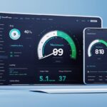 High-tech WordPress dashboard with performance graphs, optimization tools, and speed test indicators for faster blog loading.