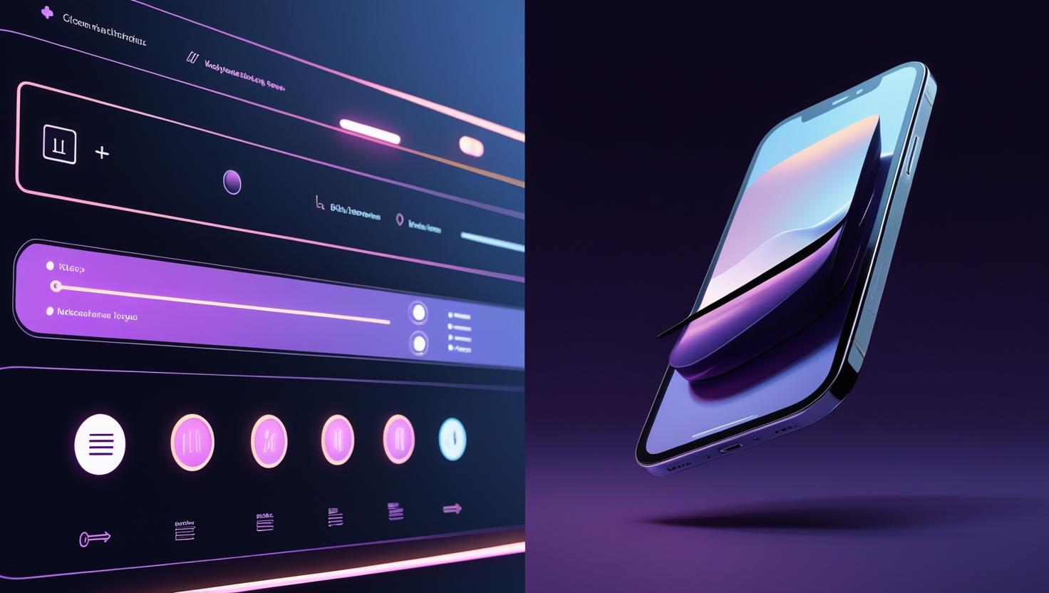 Split-screen showing a modern dark mode interface and a floating 3D website preview with accessibility icons and UX elements