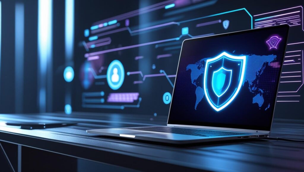 Futuristic workspace with advanced cybersecurity visuals, AI-powered defense graphics, and digital protection shield.
A photorealistic digital image of a high-tech workspace featuring a glowing shield and AI-inspired holographic graphics, symbolizing the future of cybersecurity in 2025. Perfect for tech blogs focusing on online safety, data protection, and threat prevention.